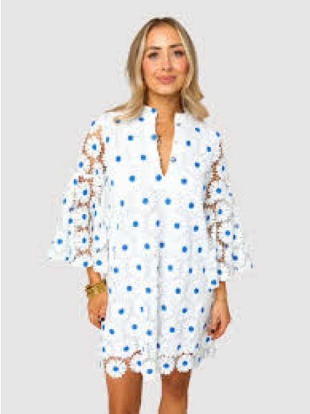 Buddy Love White Crochet Mini Dress with Blue Floral Accents